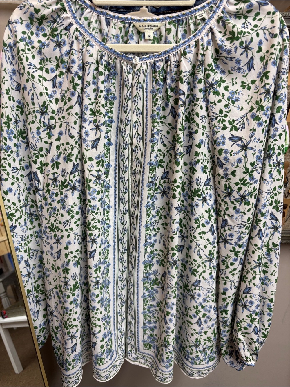 Max Studio Blue & Green Floral Peasant Top